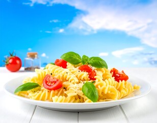 Plate of pasta with tomatoes and basil against a bright blue sky background