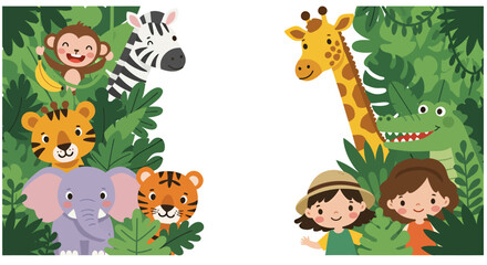 Fototapeta premium A vibrant vector illustration depicts a lush jungle scene with smiling cartoon animals and two young explorers, creating a playful and inviting composition.