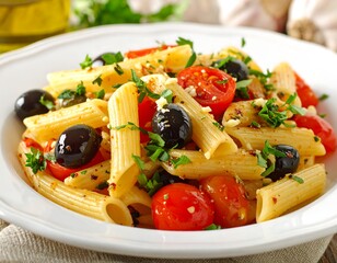 Plate of penne pasta with tomatoes, olives, and herbs, close-up on white plate