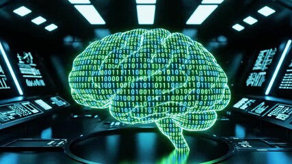 A futuristic digital brain composed of green and blue binary code illuminated in a dark room with computer screens - Powered by Adobe