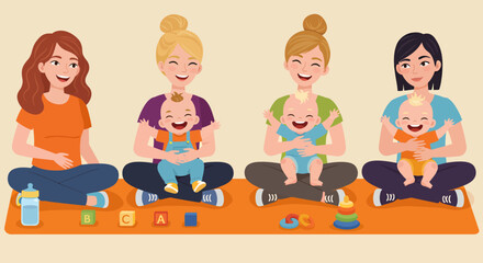 A vibrant vector illustration depicts a group of smiling mothers sitting cross-legged on a mat, each lovingly holding their baby, celebrating happy children's day.