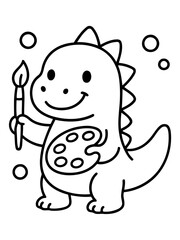 Fototapeta premium Cute Dinosaur Artist: A friendly dinosaur with a paint palette and brush, ready to unleash creativity and artistic flair in a fun illustration