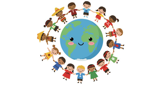 A vibrant vector illustration depicts children of diverse backgrounds joyfully holding hands around a smiling globe, symbolizing unity and celebrating International Children's Day.
