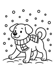 Obraz premium Winter Pup in the Snow: A cheerful puppy, adorned with a cozy scarf, frolics in the falling snow, embodying the simple joys of a winter day.