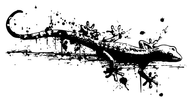 Abstract black gecko lizard silhouette with grunge ink splatters