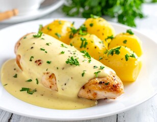 Plate with golden chicken breast in sauce, served with yellow potatoes and sprinkled with fresh parsley