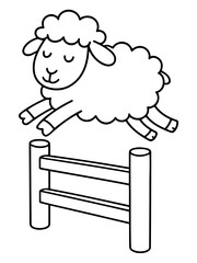 Obraz premium Playful Sheep Jumping: A cheerful illustration of a fluffy sheep leaps over a wooden fence, embodying the joy of childhood and the innocence of nature.
