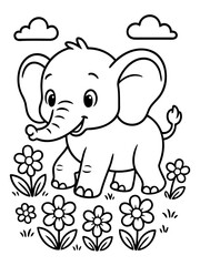 Obraz premium Smiling Elephant in a Garden: A charming cartoon-style elephant, with its playful smile and large ears, stands among vibrant flowers under fluffy clouds, creating a whimsical and delightful scene.