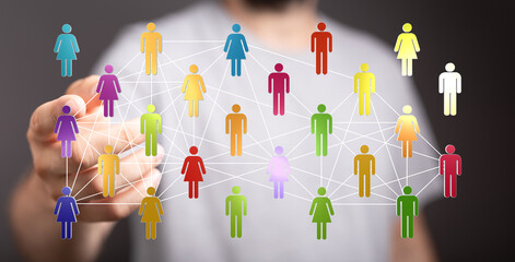 Hand touching digital network of diverse people, representing teamwork, communication, and...