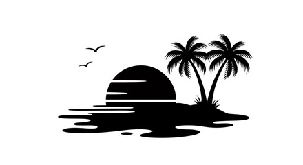 A serene vector illustration showcases a silhouette of palm trees and a setting sun over tranquil water, evoking a sense of peace and tropical beauty in a minimalist style.