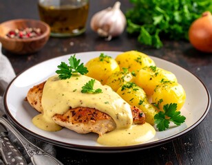 Plated chicken with creamy sauce and potatoes. Garnish of parsley, garlic, onion, and olive oil adds to deliciousness