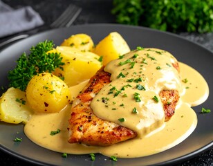 Plated chicken breast is smothered in sauce, alongside golden potatoes and parsley, on a dark plate