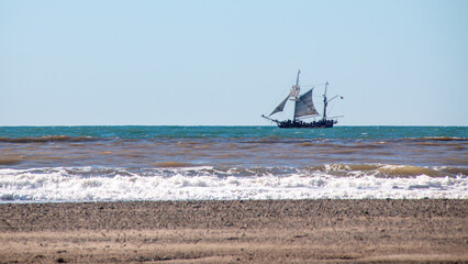 Pirate style wooden sailing ship off the California coastline near Ventura California United States © htrnr