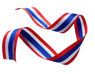 A floating, wavy ribbon displays stripes of red, white, and blue against a stark black background