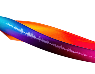 A vibrant, curved, multi-colored strand with a waveform overlay, set against a black backdrop