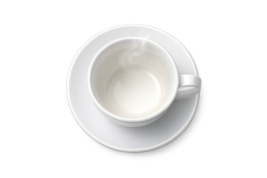 Empty white ceramic teacup and saucer with lingering steam, ready for a hot drink, isolated with transparent background