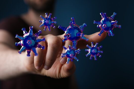 Close up view of hand touching floating virus illustration, representing the spread of disease, concept of cor - Powered by Adobe
