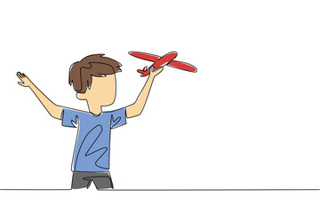 Single continuous line drawing a boy runs while holding a toy airplane that is lifted up. The excitement of playing creativity. Flying. International Day of Boys. One line design vector illustration