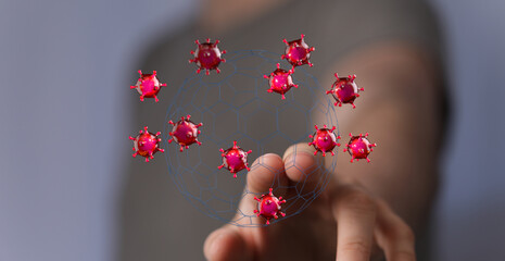 Digital illustration of a virus with the hand, representing science, disease, healthcare, and...