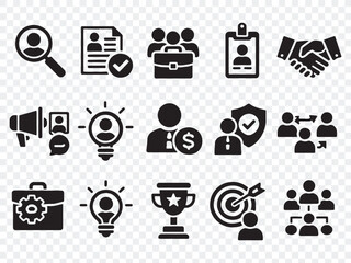 Human Resources and Business Management Icons Set: Recruiting, Teamwork, Job Search, and Organizational Management Vector Collection.