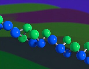 Abstract 3D rendering of a molecular chain, with colorful spheres linked together, against a layered backdrop