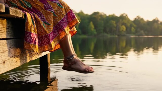 Serene lake scene with woman dangling feet off dock, peaceful water ripples, summer relaxation