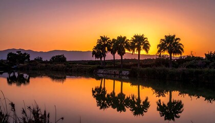 Palm trees reflecting in still water at sunset, vibrant orange sky, distant mountains