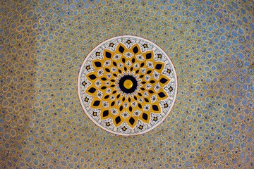 Ornate Islamic Dome Ceiling with Blue and Gold Geometric Patterns