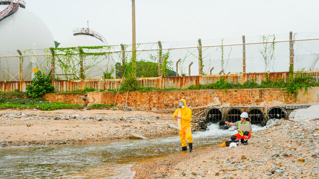 A worker in a yellow hazmat suit and an engineer with a laptop test water at a drainage pipe. They are on a beach near an industrial plant, checking for water pollution.
