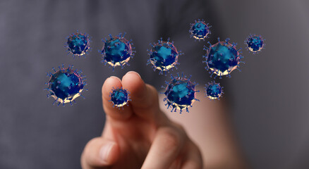 3D render illustration of coronavirus cells floating near a finger pointing to them. A concept of the global p