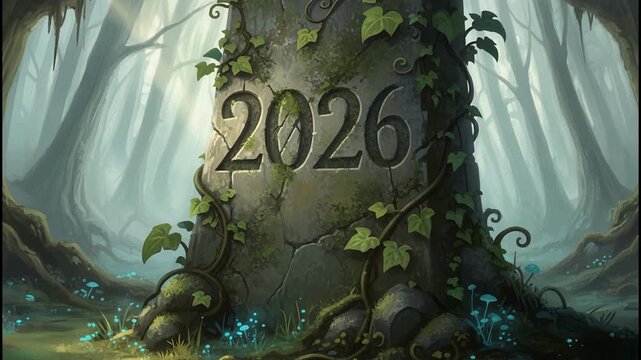 Mystical ancient stone inscribed with the year 2026 in a vibrant forest clearing