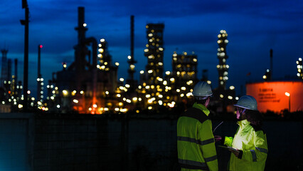 Petrochemical engineers in PPE conduct a night shift inspection at a refinery. They use a tablet for real-time data monitoring and auditing of the processing plant.