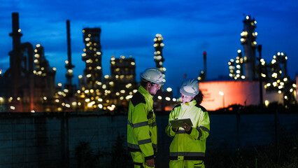 Energy professionals ensure continuous 24/7 operations at a refinery. The team uses digital technology to monitor sustainable production during the night shift.