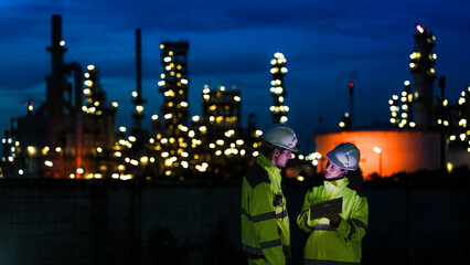 Two industrial workers in hard hats and high-vis gear work at night. The man uses a tablet while...