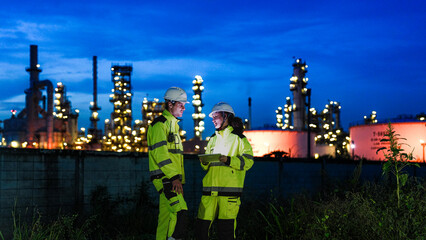 Two industrial workers in hard hats and high-vis jackets use a tablet at night. They are collaborating in front of a large, lit-up oil refinery or chemical factory plant.