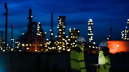 Energy professionals ensure continuous 24/7 operations at a refinery. The team uses digital technology to monitor sustainable production during the night shift.