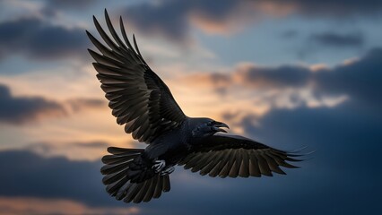 Raven in flight with wings fully spread, dramatic sky backdrop with moody clouds at dusk, sharp detail on feather