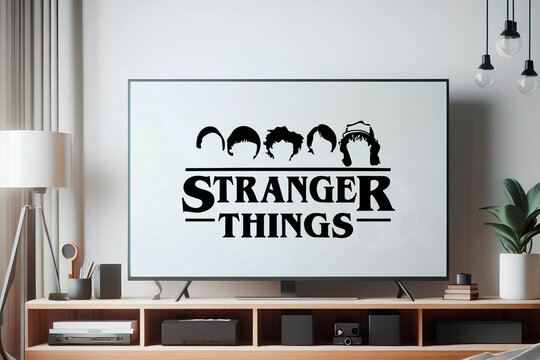 Stranger things logo appearing on a modern television