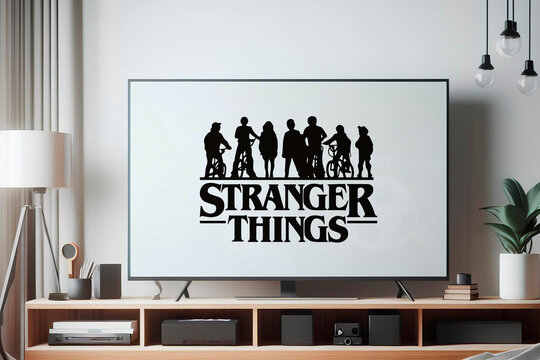 Stranger things logo displaying on a modern television