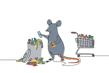 Single continuous line drawing rats throw rubbish from the box in the trolley into the trash can. Throw garbage in its place. Environment. National Pack Rat Day. One line design vector illustration