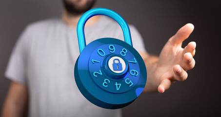 Concept of data security and protection with a padlock floating in front of a man's hand. Digital safety, inter