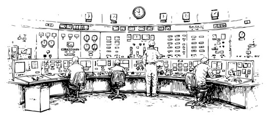 Fototapeta premium Industrial control room interior with operators monitoring analog dashboard panels