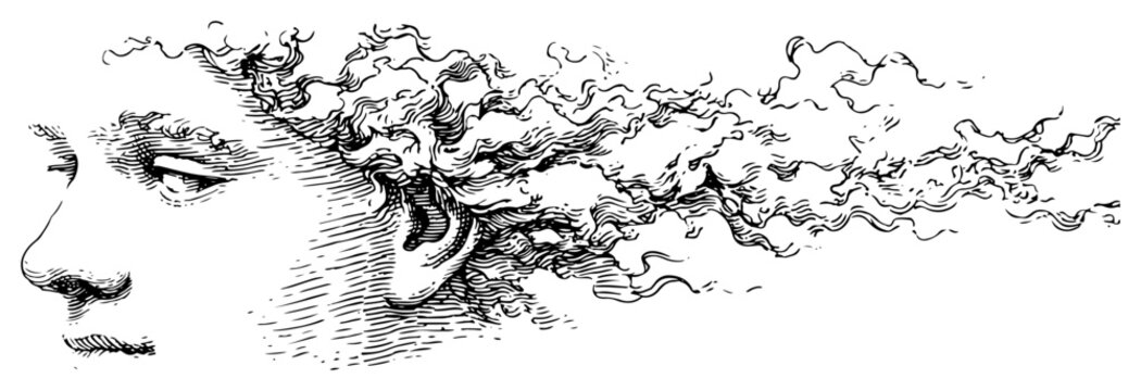 Side profile of a face with hair turning into smoke clouds in etching style