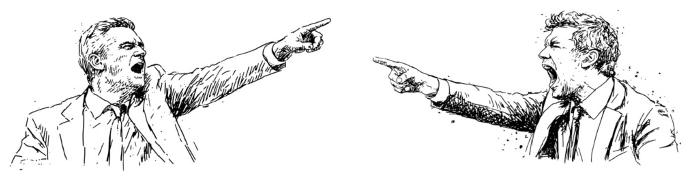 Two angry businessmen shouting and pointing fingers in sketch style
