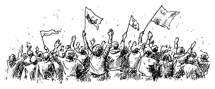 Crowd of people protesting with flags and banners vector sketch