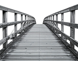Fototapeta premium Monochrome perspective view of a wooden bridge with railings, leading the eye into the void