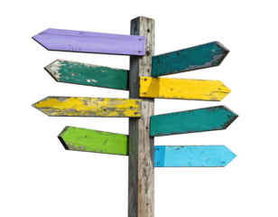 A weathered wooden signpost with colorful, directional arrows pointing various ways