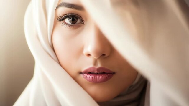 Close up portrait of a beautiful young woman in a soft hijab.