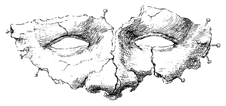 Creepy broken face mask with cracks and pins vector sketch
