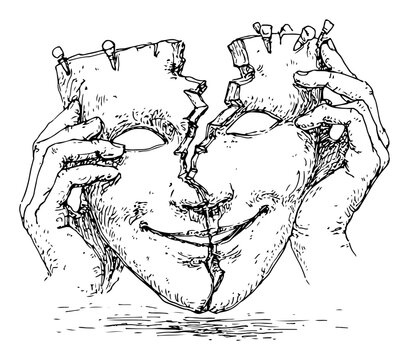 Hands holding two halves of a broken face mask revealing a crack